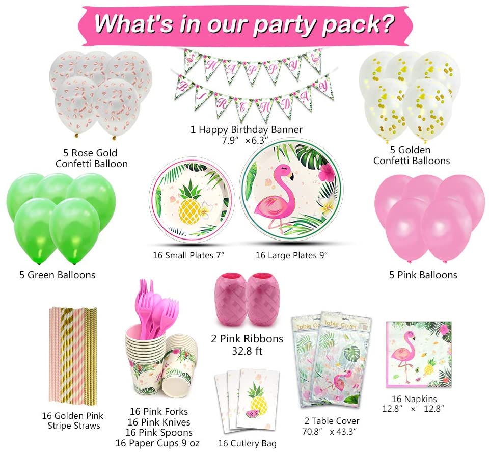 Pink Flamingo Party Supplies 16 Flamingo Plates, Pineapple Plates
