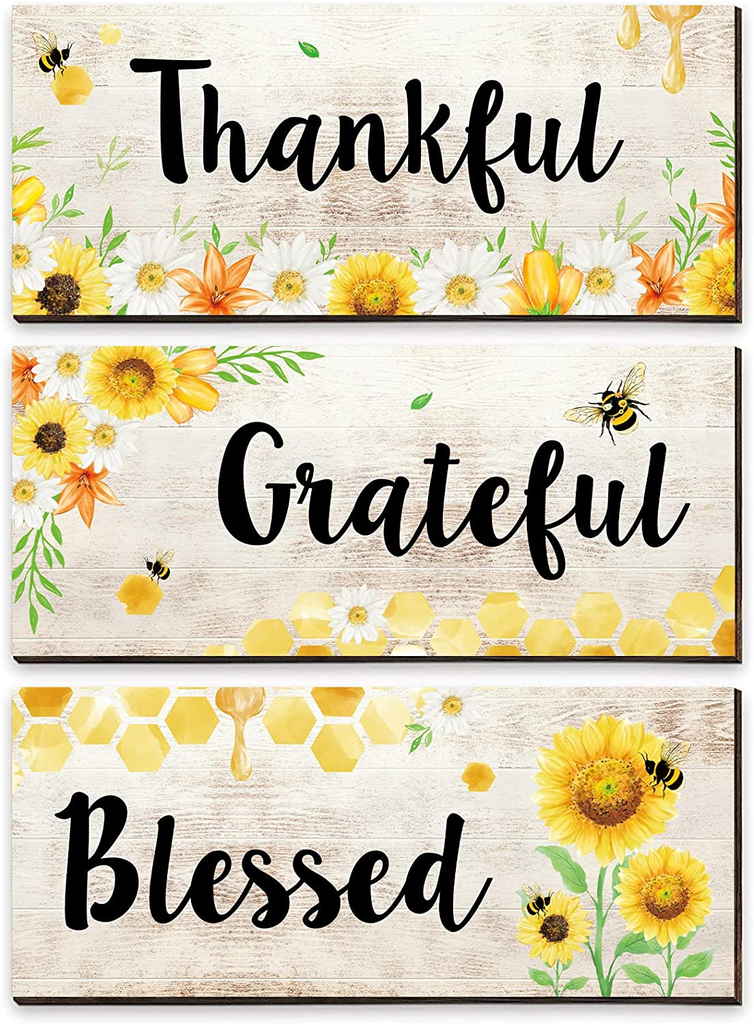 Sunflower Prints Wall Decor Signs - 3 Pieces Bee Room Decorations Grateful Blessed Thankful Wood Hanging Board 13.8"X6"X0.2" Wall Art Decor