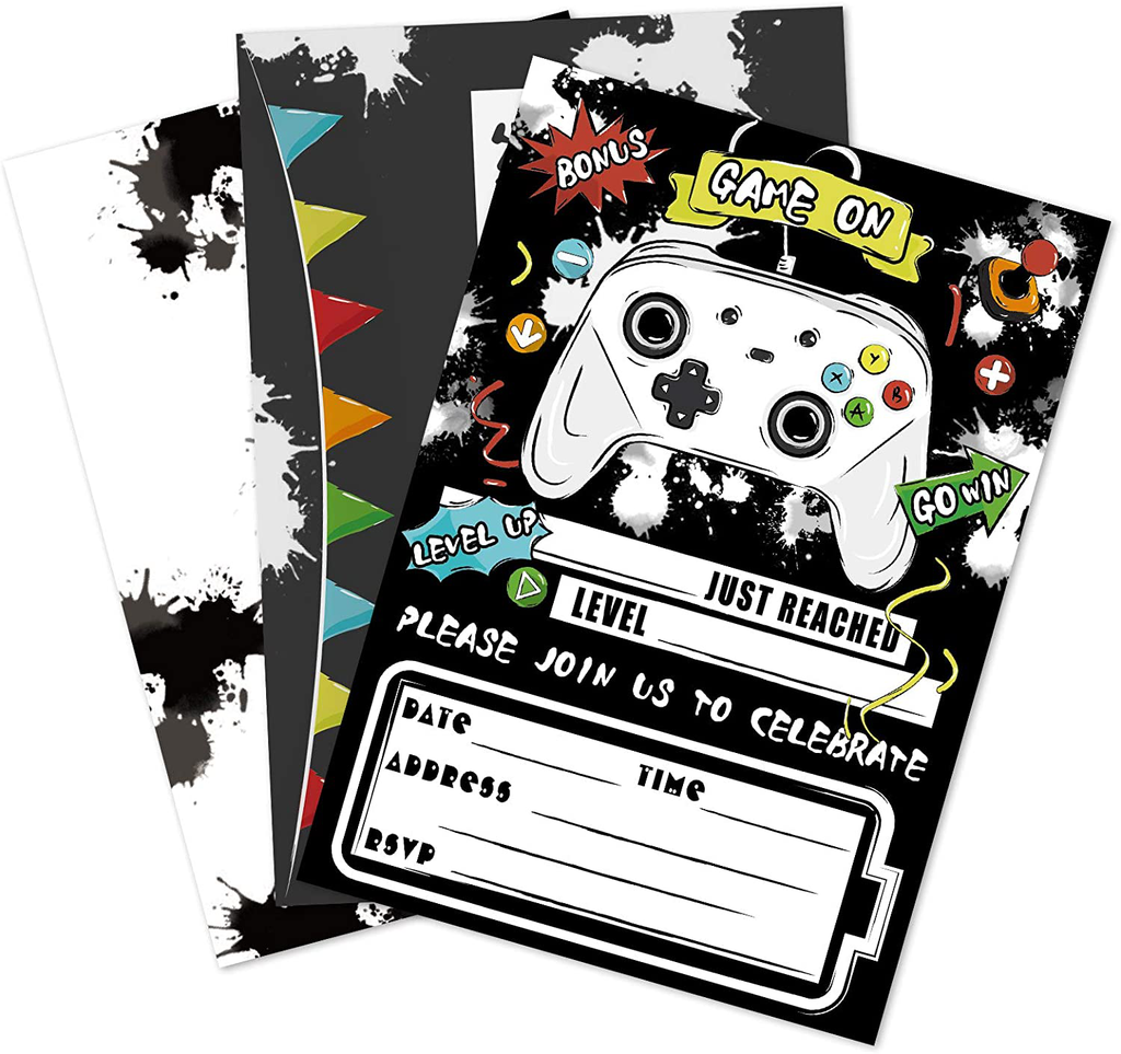 Watercolor Video Game Party Invites - 20 Set Fill-in Invitations with Envelopes for Boys Game Theme Birthday Party Supplies Double-Sided Printed Invitation Cards