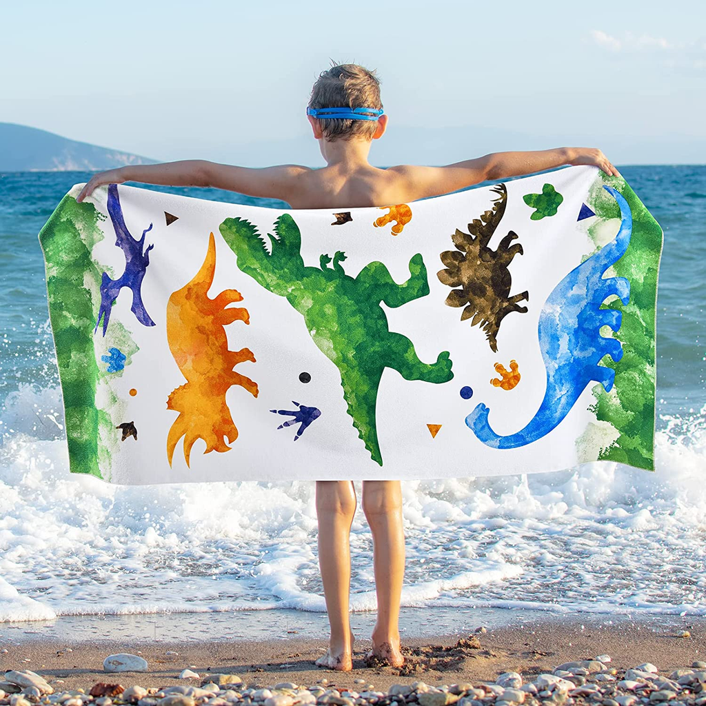 Watercolor Dinosaur Beach Towel - 30” X 60” Microfiber Dino Camping Towels for Boys Kids Quick Dry Ultra Absorbent Super Soft Beach Blanket Pool Travel Swimming Bath Shower Towel