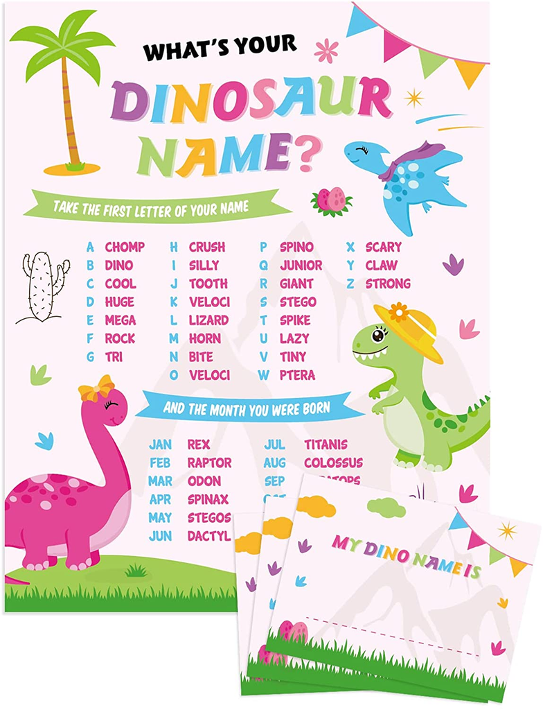What’S Your Dinosaur Name Game - Dinosaur Party Supplies for Girls Birthday Baby Shower Party Game Sign 25 PCS Dino Names Tags Activity Stickers Ideas Decoration