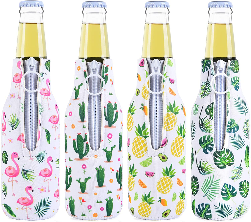 Set of 4 Beer Bottle Sleeves - Neoprene Thermocoolers Zip-up Bottle Jackets Sleeves Bottle Beverage Drink Insulator Cooler Tropical Summer Beer Caddies for Pool Beach Party Favors