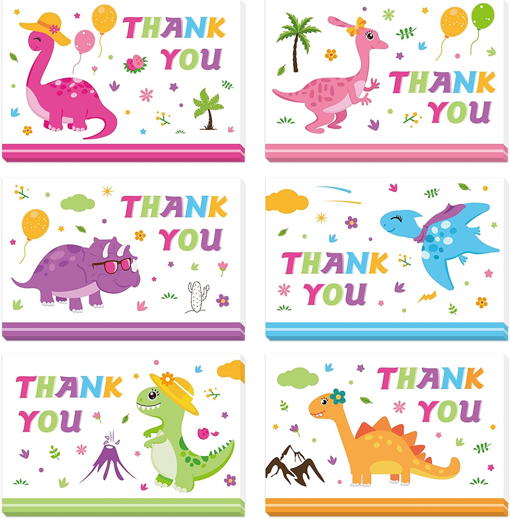 Dinosaur Thank You Card - 24 Sets Thank You Card with Envelopes for Girls Kids Dinosaur Blank Notes Cards for Birthday Baby Shower Party Gift Cards Dino Themed Thank You Notes 4'' X 6''