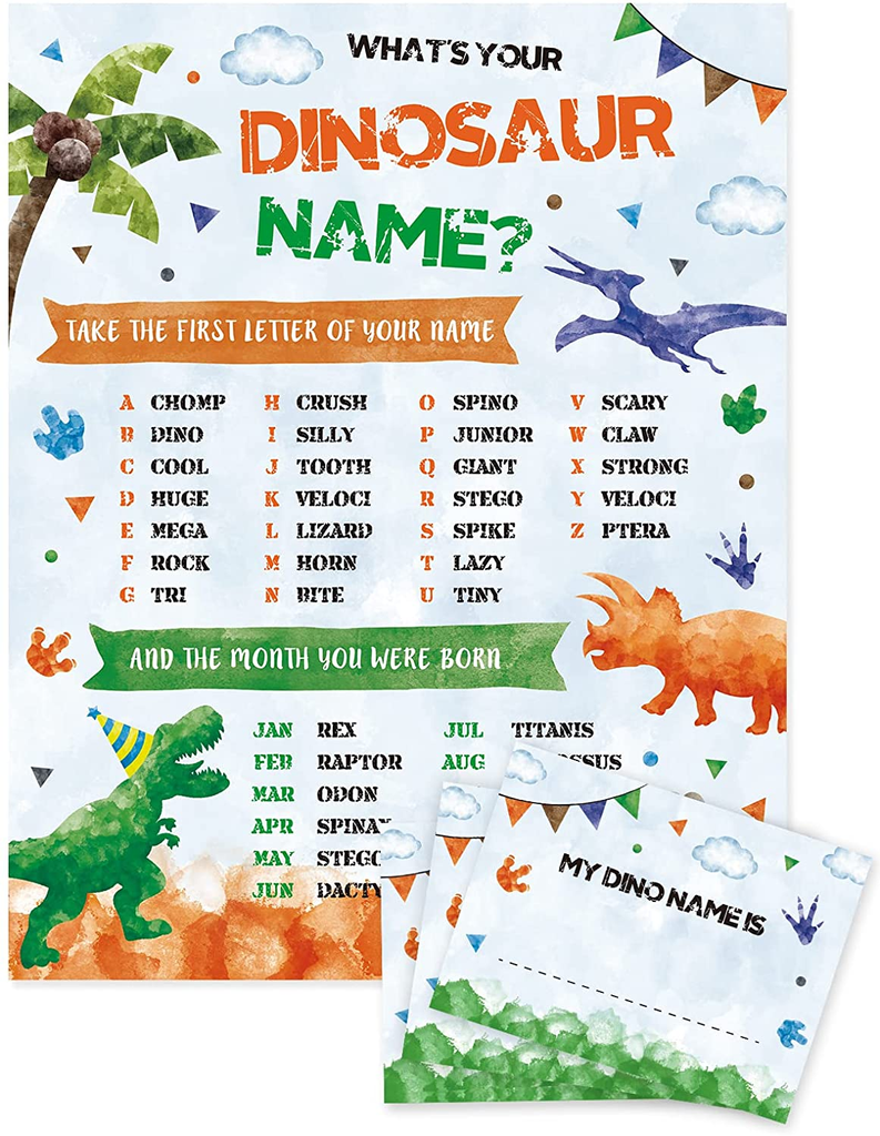 What’S Your Dinosaur Name Game - Watercolor Dinosaur Party Supplies for Boys Kids Birthday Baby Shower Party Game Sign 25 PCS Dino Names Tags Activity Stickers Ideas Decoration