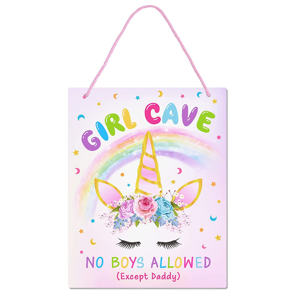 Unicorn Cave Sign - Unicorn Room Decorations for Little Girls Kids No Boys Allowed Sign Cute Metal Hanging Sign Gifts for Walls Doors Bedrooms 8’’ X 10’’