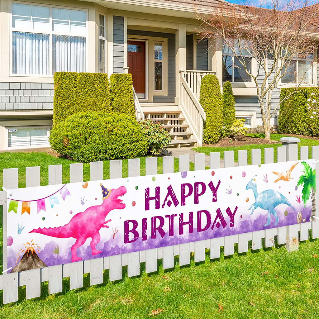 Watercolor Dinosaur Birthday Banner - 19'' X 118'' Dino Theme Party Supplies for Girls Kids Outdoor Dinosaur Birthday Party Decorations Yard Sign Hanging Banner Photo Background