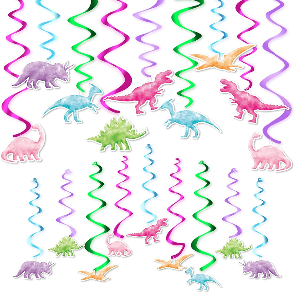 Watercolor Dinosaur Party Hanging Swirl - 24Pcs Dinosaur Party Decorations for Girls Kids Birthday Baby Shower Foil Whirls Ceiling Streamers Spirals Dino Theme Party Supplies