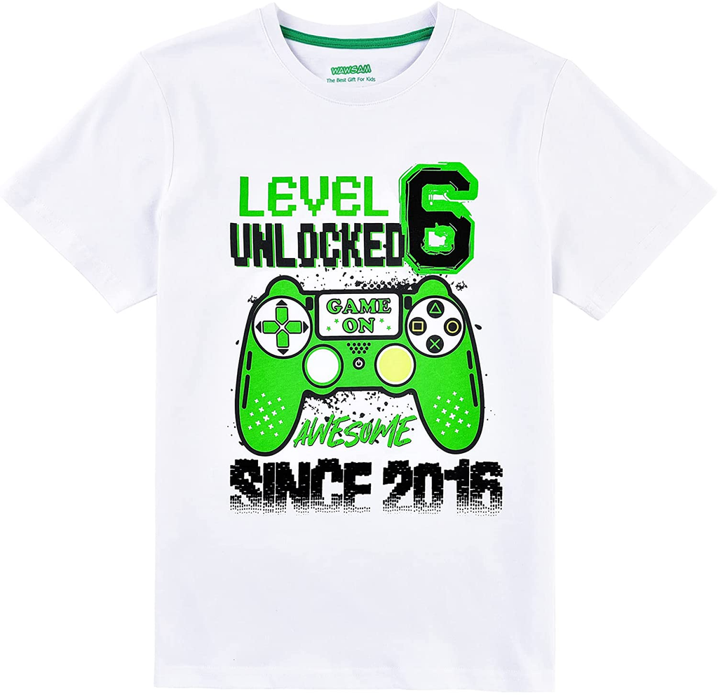 Kid Boy 6Th Game Birthday Gift T-Shirt Level 6 Unlocked Awesome since 2016 Shirt Six Years Old Video Game Party T-Shirt Time to Level up Top Tee Cotton Short Sleeve Gift White