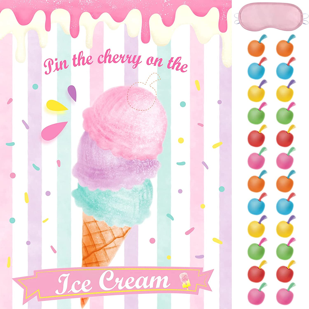 WERNNSAI Pin the Cherry on the Ice Cream Game - 21'' X 28'' Ice Cream Party Supplies for Kids Girls with 24 PCS Cherry Stickers Ice Cream Birthday Party Game Poster Wall Decor
