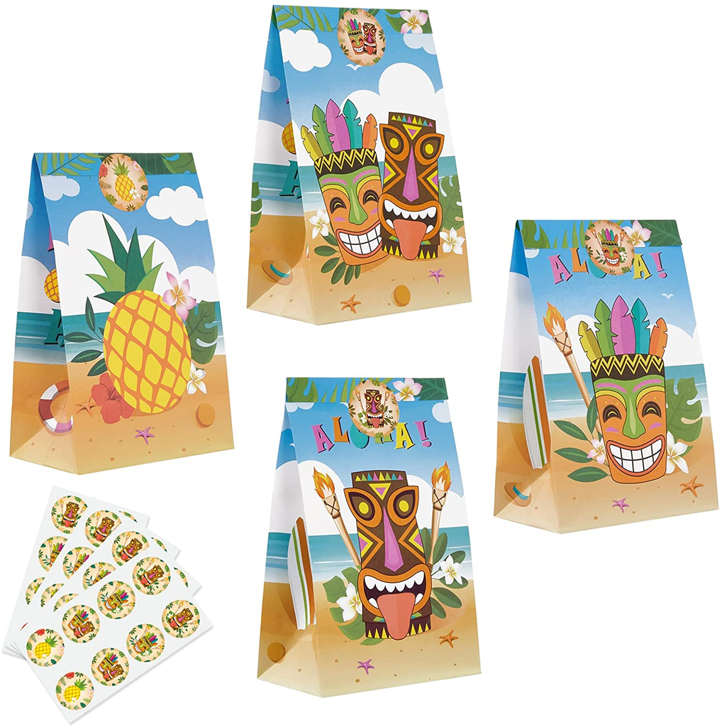 Aloha Goodie Bag - 24 PCS Hawaiian Tropical Party Supplies Gift Bags for Kids Luau Theme Baby Shower Birthday Party Favors Treat Bags Candy Kraft Paper Bags