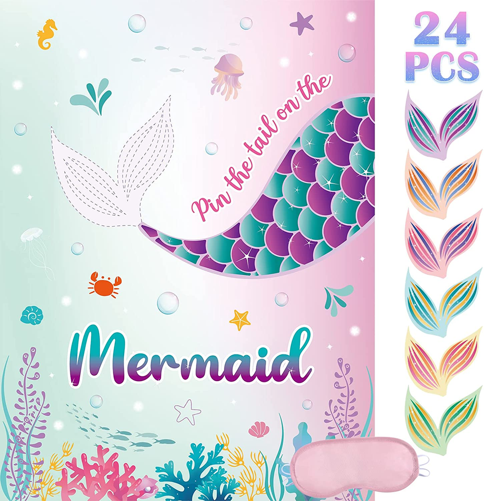 WERNNSAI Pin the Tail on the Mermaid Game - 21'' X 28'' Mermaid Party Game 24Pcs Reusable Tails Sticker Party Supplies for Kids Girls Birthday Party Favor Sets