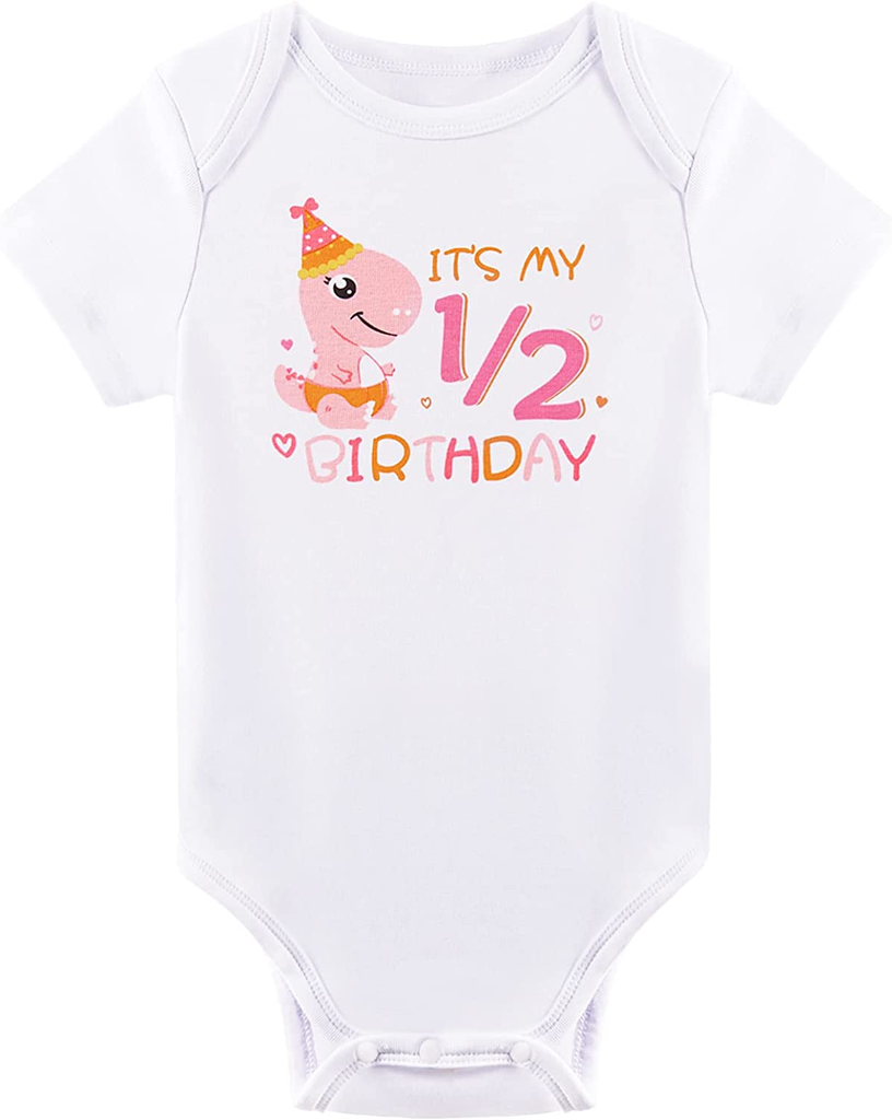 Baby Girls Half Birthday Bodysuit Cotton 1/2 Half Birthday One-Piece Romper Newborn Dinosaur Short Sleeve Onesie Infant Half Birthday Jumpsuit for Birthday Girl