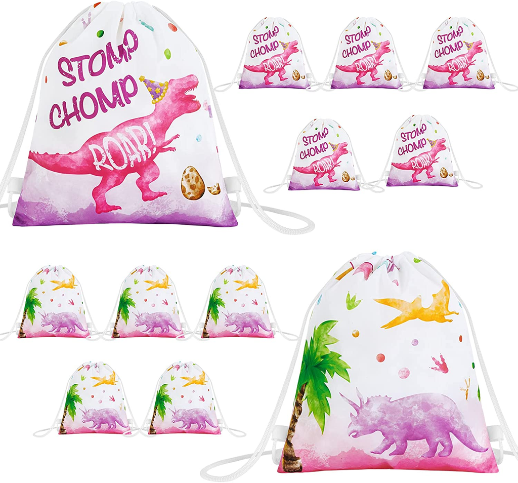 Watercolor Dinosaur Party Bags - 12 PCS 10'' X 12'' Dino Theme Party Supplies for Girls Kids Birthday Baby Shower Party Gift Bags Goodie Candy Snacks Treat Drawstring Favor Bags