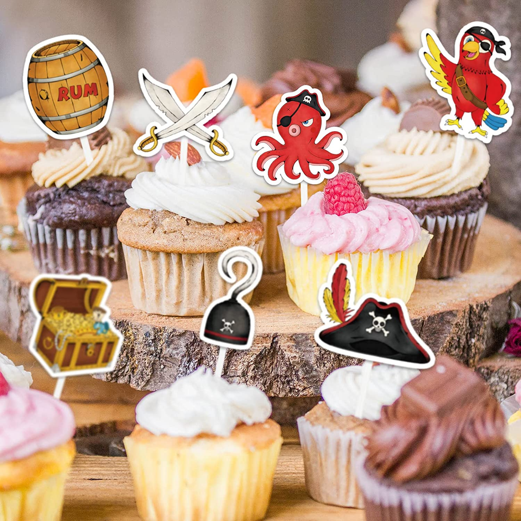 Pirate Party Cake Decorations Pack Of 52 - Cupcake Toppers, Flags, For Birthday Cake & Muffin Decor