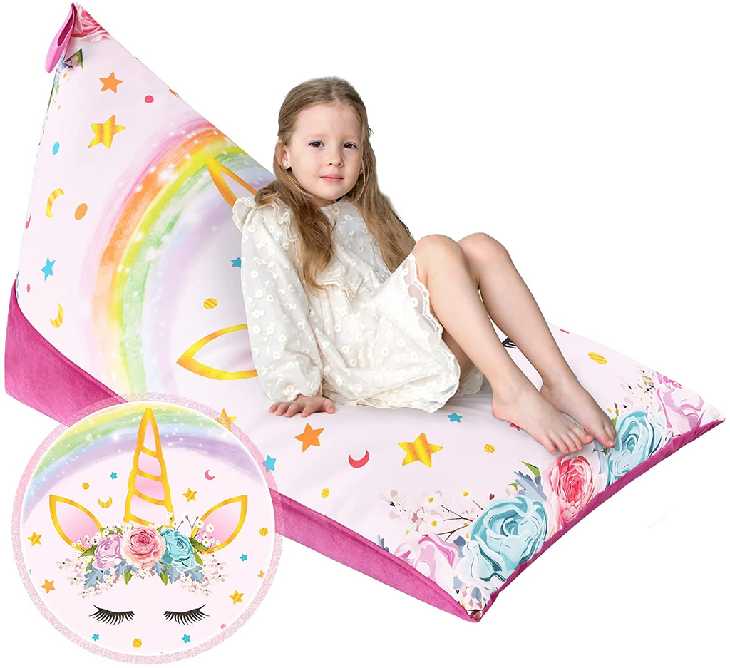 Unicorn Stuffed Animal Storage - Double Sided Bean Bag Chairs Cover Only for Kids Girls Canvas Velvet Bean Bag Covers Toys Organizer Holder Unicorn Beanbag Seats (Stuffing Not Included)