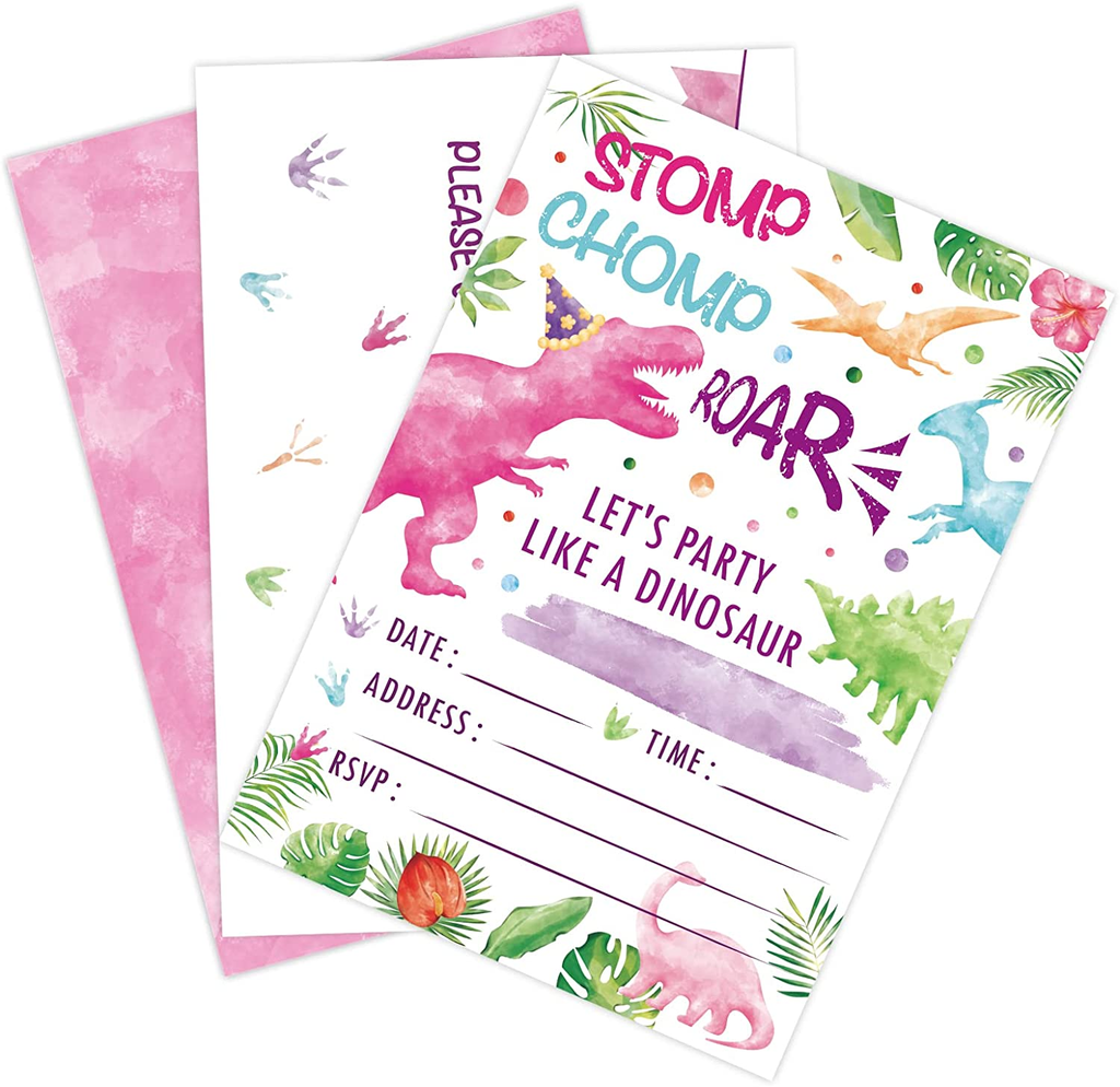 Watercolor Dinosaur Party Invitation with Envelopes - 20 Sets Fill-In Invitations Cards for Girls Dinosaur Birthday Party Supplies Baby Shower Invites Double-Sided Printed T-Rex Cards