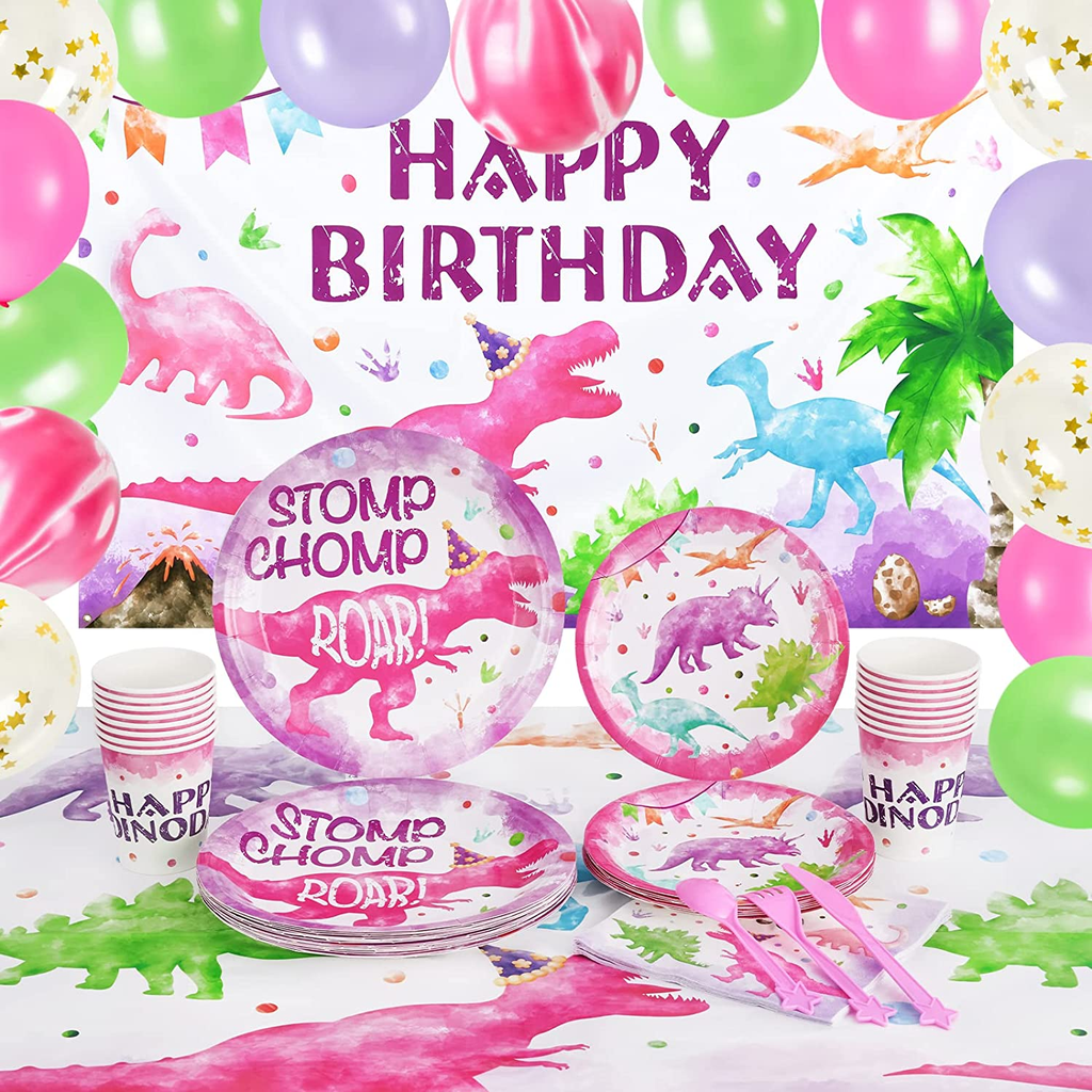 Watercolor Dinosaur Party Decoration Set - 136PCS Dinosaur Birthday Party Supplies for Girls Kids Happy Birthday Backdrop Tablecloth Balloons Plates Cups Napkins Tableware Set Serves 16 Guests