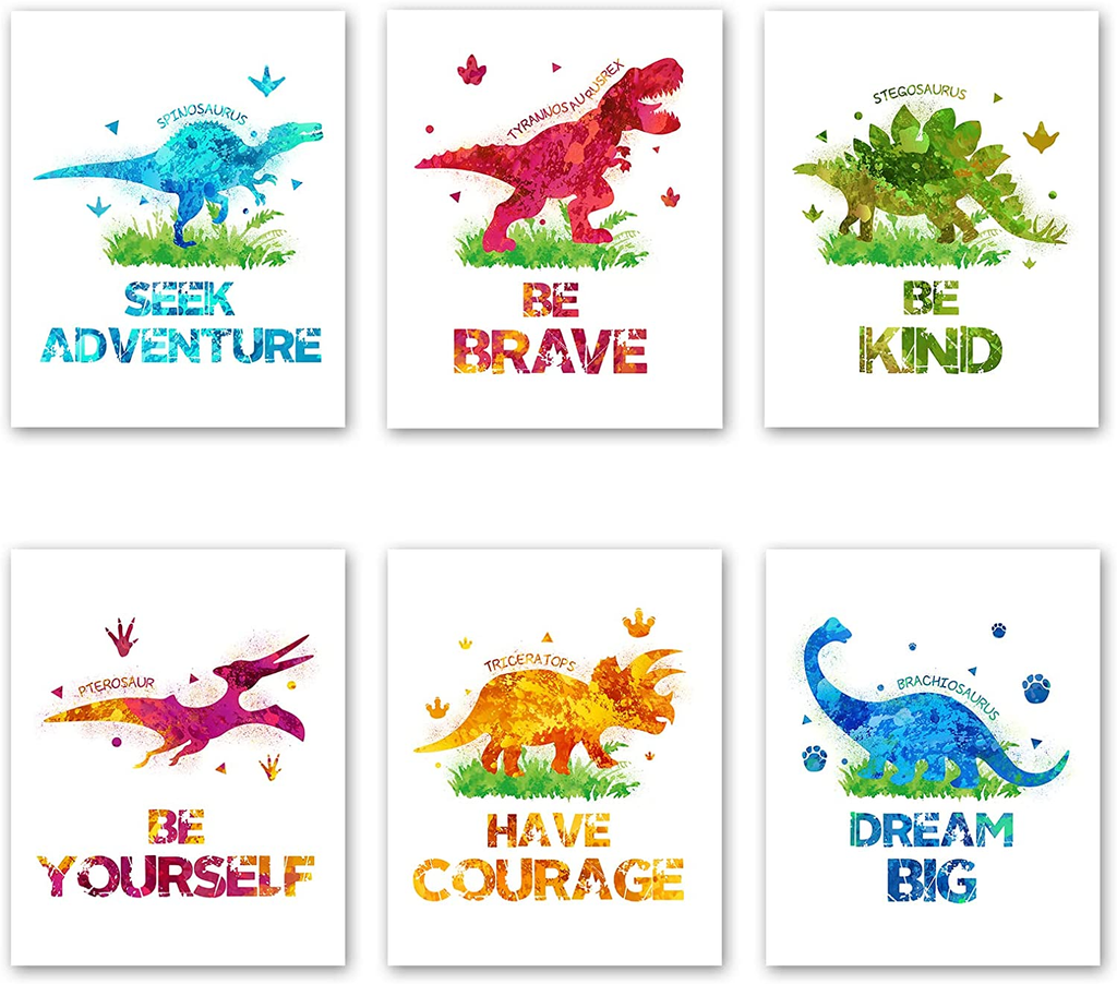 Dinosaur Prints Set - Motivational Watercolor Art Prints Set of 6 for Boys Kids Dino Theme Poster Unframed Pictures 8 X 10 Inch Wall Decor for Nursery Bedroom Playroom