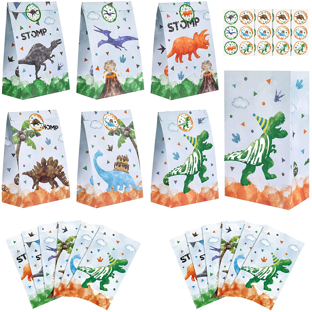 Watercolor Dinosaur Gift Bag - 24 PCS Dinosaur Party Supplies Goodie Bags for Kids Boys Dino Theme Baby Shower Birthday Party Favors Candy Treat Bags