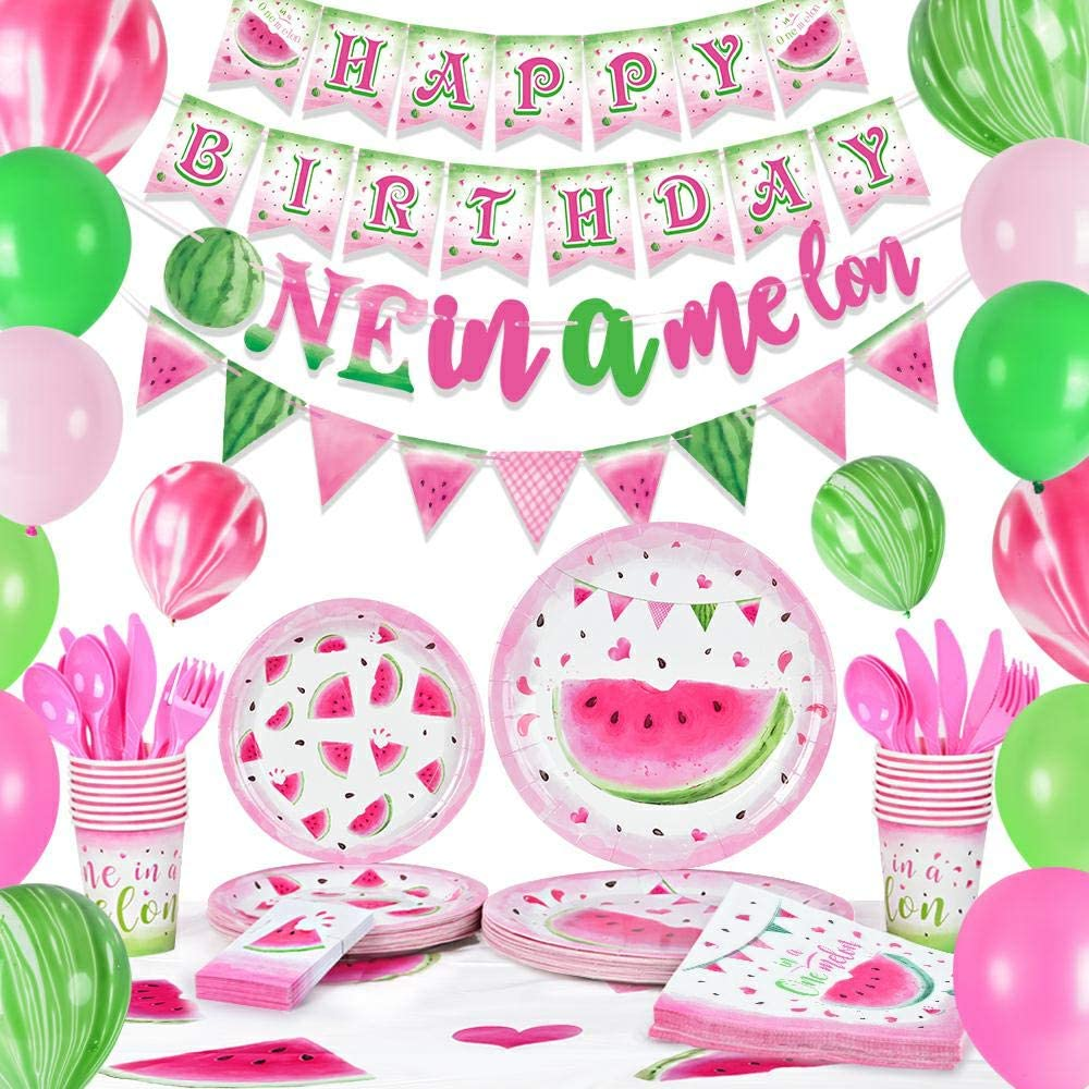 WERNNSAI Watermelon 1St Birthday Party Supplies - Watermelon Party Decorations for Girls Happy Birthday Banner Balloons Tablecloth Plates Cups Napkins Cutlery Bag Utensils Serves 16 Guests 153PCS