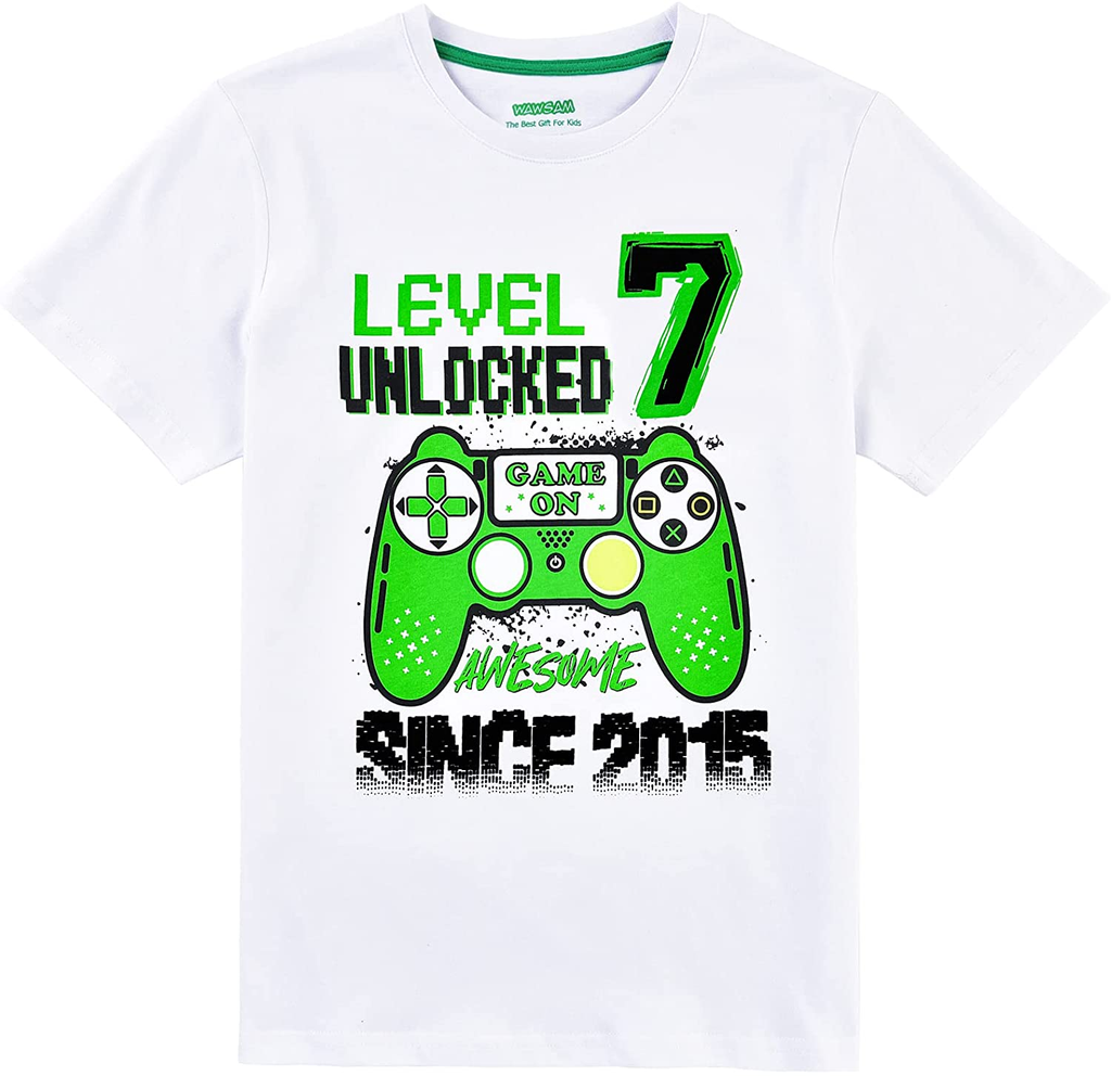 Level 7 Unlocked Birthday Boy Game T Shirt 7Th Video Game Birthday Shirt for Kids Boys Seven Years Old Video Game Party T-Shirt Time to Level up Top Tee Cotton Short Sleeve Gift White