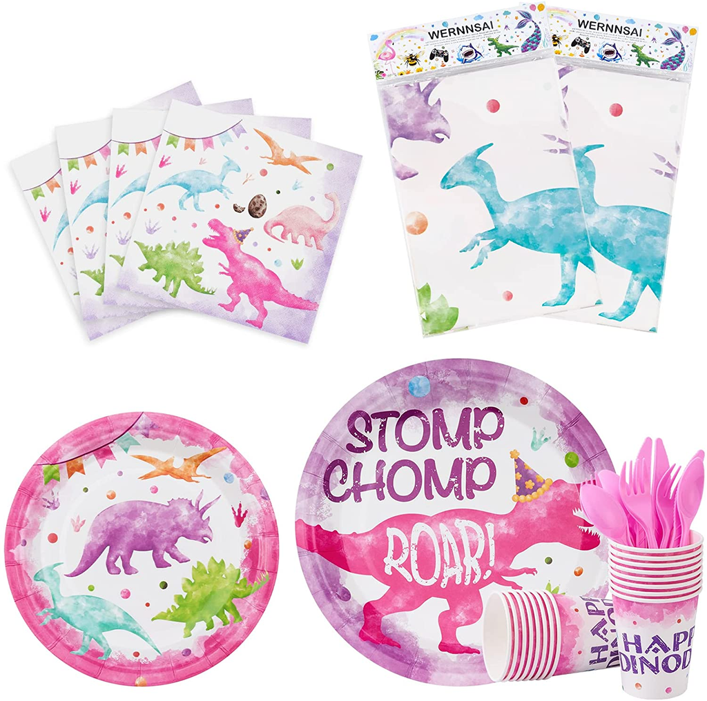 Watercolor Dinosaur Party Supplies Set - Dinosaur Birthday Decoration for Girls Kids Party Plates Cups Napkins Tablecloth Knives Forks Spoons Tableware Set Serves 16 Guests 114 PCS