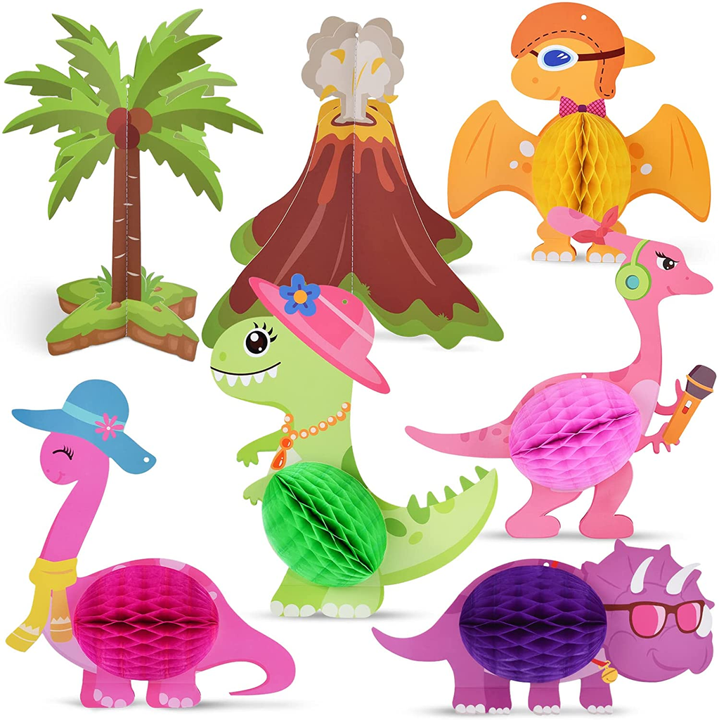 Girls Dinosaur Party Centerpieces - 7 PCS Dino Theme Party Decorations Table Topper for Kids Birthday Baby Shower 3D Honeycomb Centerpieces T-Rex Volcano Coconut Tree