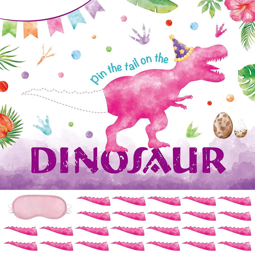 WERNNSAI Pin the Tail on the Dinosaur Game - Dino Theme Party Games for Girls Kids 21" X 28 " Dinosaur Poster 24 Pcs Pink Tails Watercolor Dinosaur Birthday Party Supplies