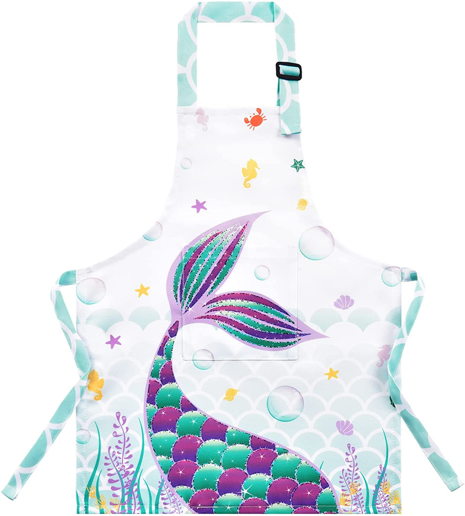 Mermaid Apron for Kids Girls Apron with Pocket Adjustable Strap Polyester Waterproof Baby Toddler Bib Aprons for Kitchen Cooking Gardening Painting Baking Parties(Extra Small,2-5 Years)