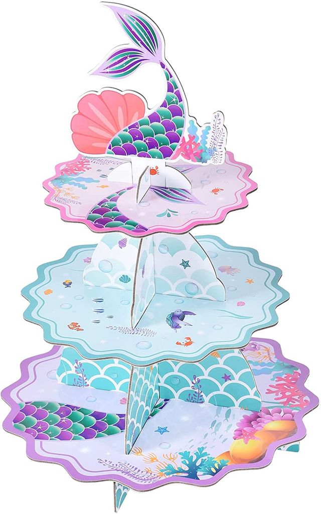 Mermaid Cupcake Stand - Mermaid Birthday Party Decorations for Kids Girls 3-Tier Cardboard Cupcake Stand Dessert Tower Holder round Serving Tray Stand Mermaid Theme Baby Shower Party Supplies