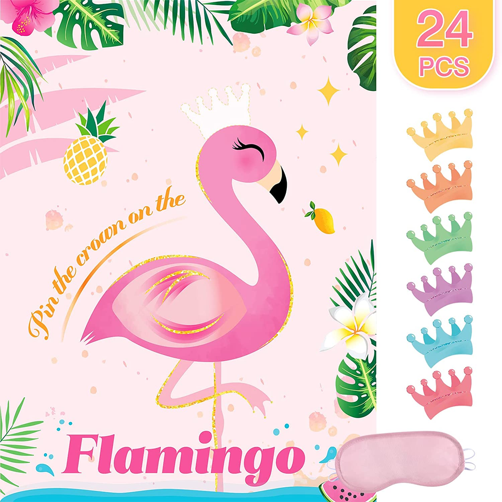 WERNNSAI Pin the Crown on the Flamingo Game - 21” X 28” Flamingo Party Game for Kids Girls with 24 Crowns Flamingo Theme Birthday Baby Shower Party Supplies for Wall Home Room Decorations