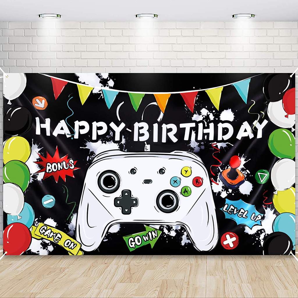 Watercolor Video Game Happy Birthday Backdrop 73'' x 43'' - Gaming Party Decorations for Boys Birthday Banner Game Party Supplies Photography Background Wall Decoration