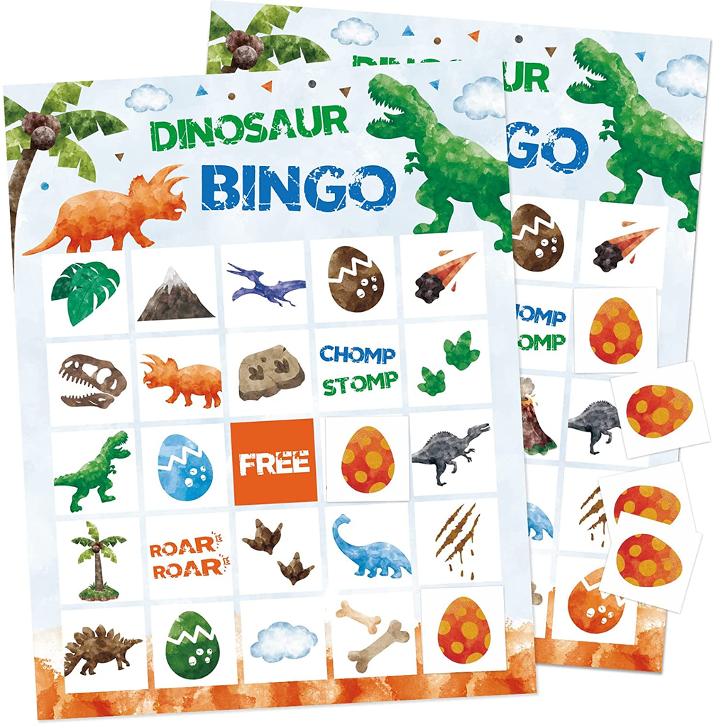 Watercolor Dinosaur Birthday Bingo Game - 24 Players Dinosaur Party Games for Kids Boys Birthday Party Supplies Dino Theme Bingo Game Playing Cards for School Classroom Family Activities