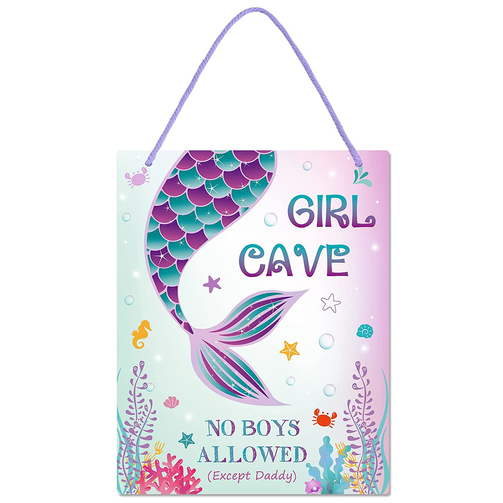 Mermaid Cave Sign - Mermaid Room Decorations for Little Girls Kids No Boys Allowed Sign Cute Metal Hanging Sign Gifts for Walls Doors Bedrooms 8’’ X 10’’
