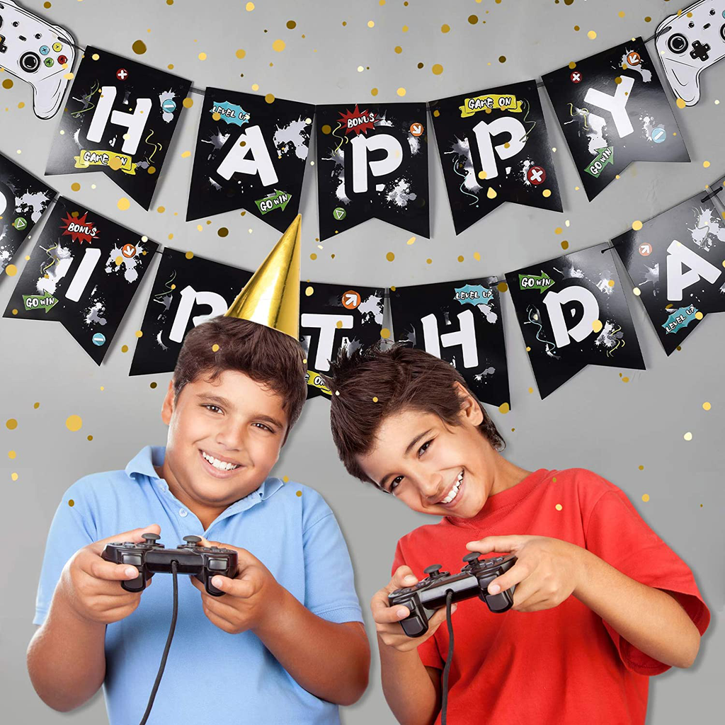 Watercolor Video Game Birthday Banner - Gaming Birthday Party Decorations for Boys Kids Game Themed Party Supplies Pre-Assembled Bunting Garland Hanging Wall Decor