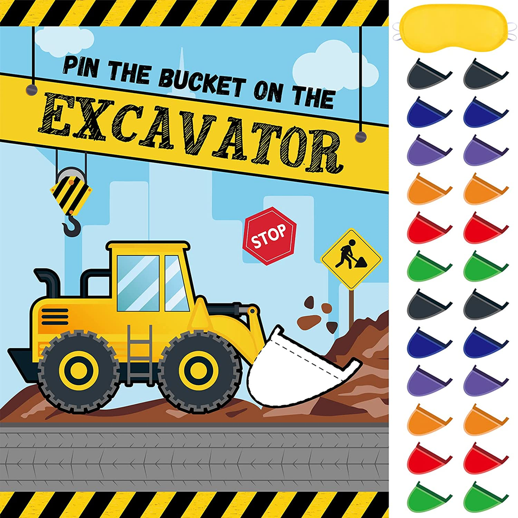 Pin the Bucket on the Truck Party Game - Truck Party Supplies for Boys Kids 21" X 28" Game Poster with 24 Reusable Sticker Construction Birthday Party Favor Sets