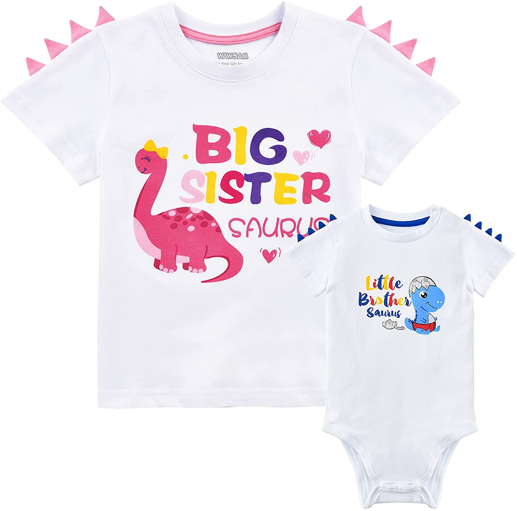 Big Sister Little Brother Outfit Matching Shirts Dinosaur Toddler Newborn Set