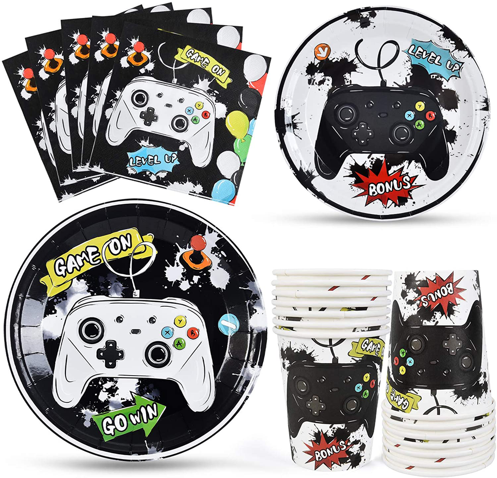 Watercolor Video Game Party Supplies Set - Gaming Party Tableware for Boys Birthday Dinner Dessert Cake Plates Cups Napkins Serves 16 Guests 64 PCS