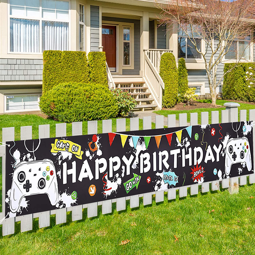 Watercolor Video Game HAPPY BIRTHDAY Banner - 19'' x 118'' Game Theme Party Decorations for Boys Birthday Party Supplies Large Outdoor Photo Background Fence Yard Sign
