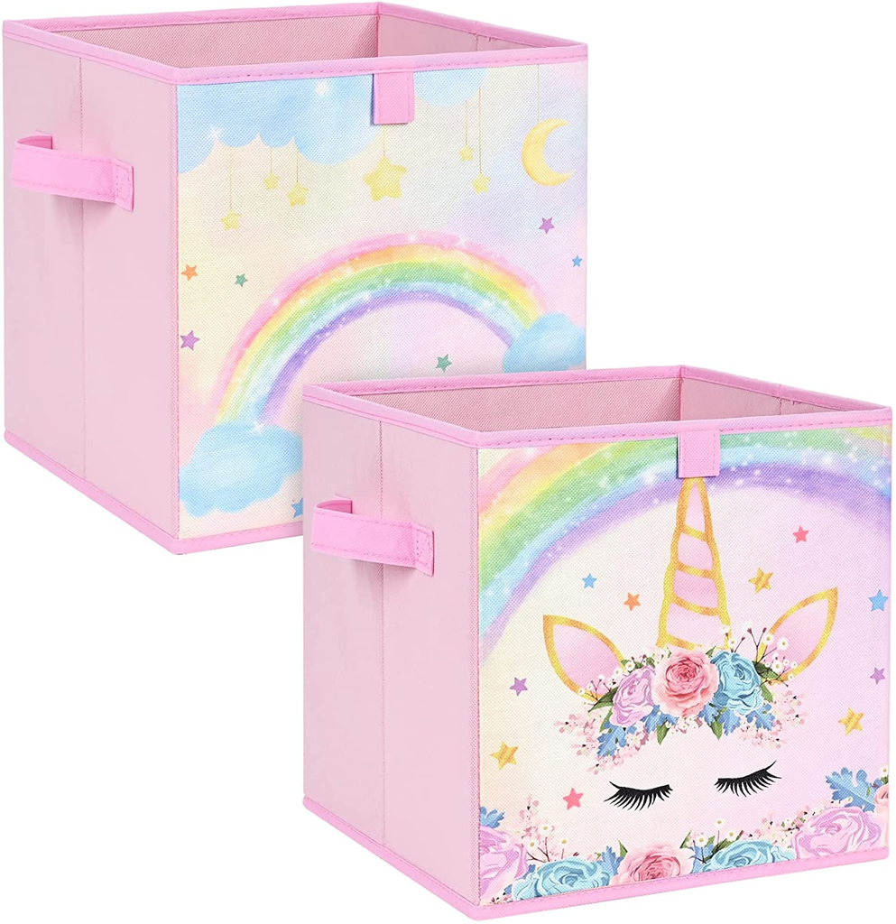 Unicorn Cube Storage Bins - 2 Pack Fabric Foldable Storage Cubes Organizer for Girls Kids 11 Inch Pink Decorative Storage Baskets with Handles Home Closet Nursery Room Bedroom