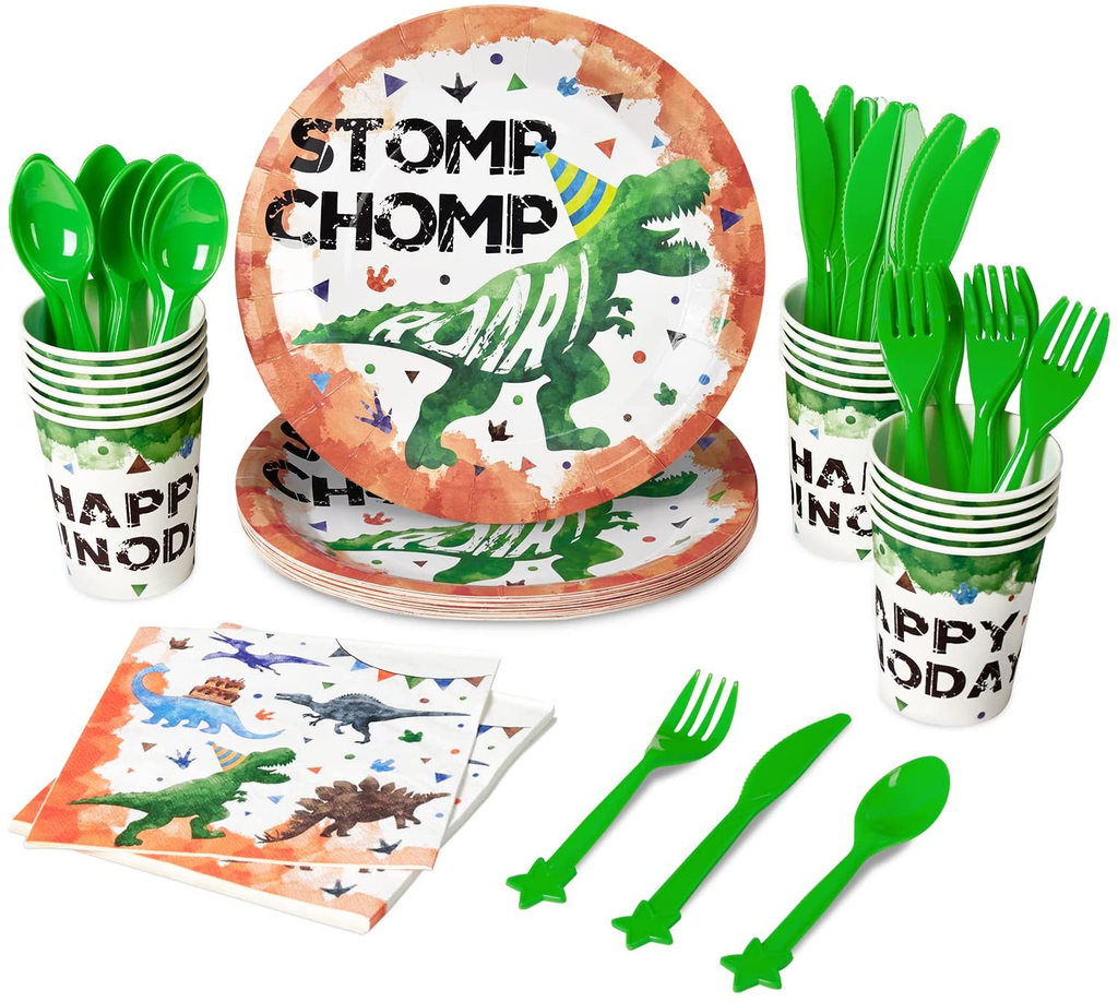 Watercolor Dinosaur Party Tableware Set - 96 PCS Dinosaur Party Supplies Bundles for Boys Baby Shower Kids Birthday Party Disposable Dinner Plates Cups Napkins Knives Forks Spoons Serves 16 Guests