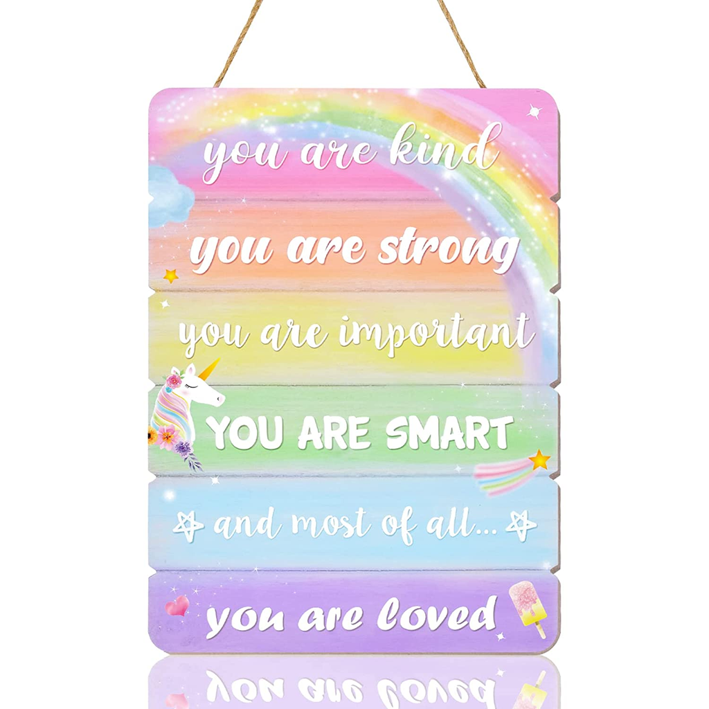 Unicorn Wall Sign - Decorative Plaque with Positive Words for Girls Kids Unicorn Ice Cream Rainbow Pink Wood Wall Hanging Decor for Nursery Bedroom Living Room Home Art