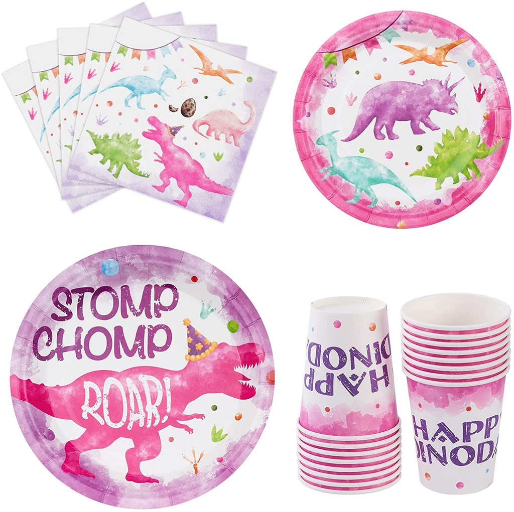 Watercolor Dinosaur Party Tableware Set - 64 PCS Dinosaur Birthday Party Supplies for Girls Kids Disposable Party Pack Includes Dinner Dessert Cake Plates Napkins Paper Cups Serves 16 Guests