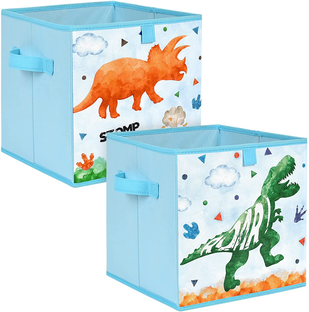 Dinosaur Cube Storage Bins - 2 Pack Fabric Foldable Storage Cubes Organizer for Kids Blue Decorative Storage Baskets with Handles 11 Inch Home Closet Nursery Room Bedroom