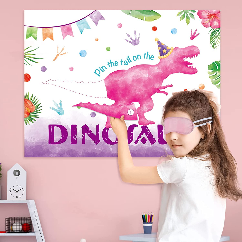 Gioco Pin The Tail On Dinosaur - Per Feste Bambini, Con 12 Code, Benda Occhi E Poster 53x46cm - Foto 12