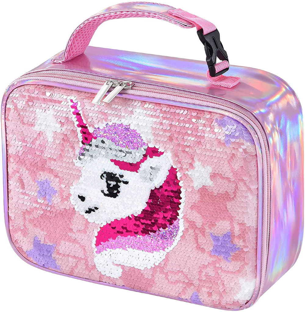 Unicorn Lunch Bag - Holographic Sequins Insulated Lunch Tote Bag for Girls School Picnic Shopping Lunch Shiny Handbag Waterproof Reusable Lunch Thermal Tote Box with Front Pocket
