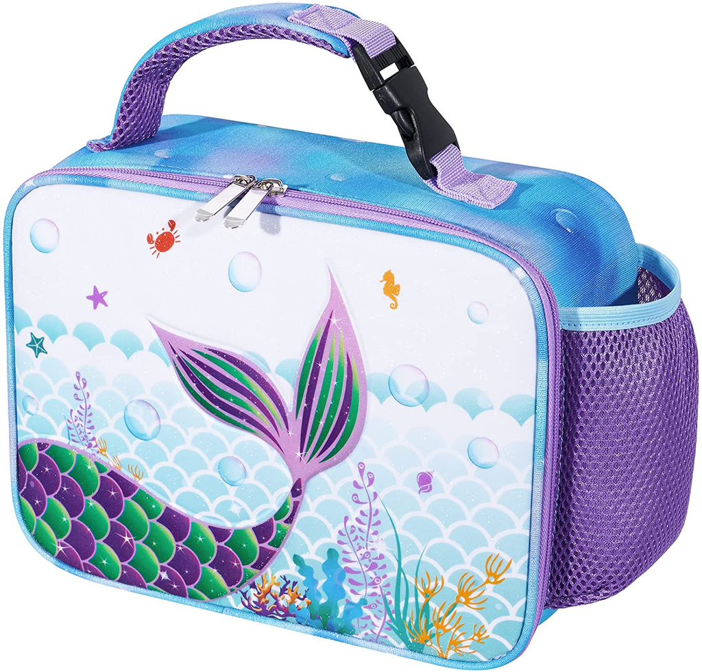 Mermaid Kids Lunch Bag - Glitter 3D Insulated Lunch Box for Girls School Picnic Outdoor Blue Lunch Tote Handbag Waterproof Reusable with Handle and Pocket