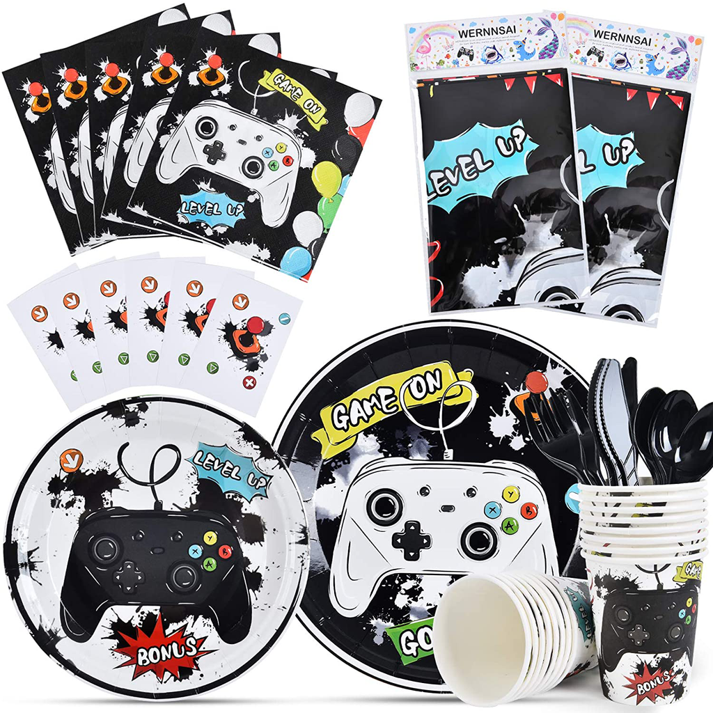 Watercolor Video Game Party Tableware Set - Gaming Party Supplies for Boys Gamer Birthday Plates Cups Napkins Tablecloth Cutlery Bags Utensils Serves 16 Guests 130 PCS