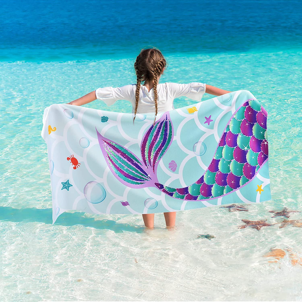 Mermaid Beach Towel - 30” X 60” Microfiber Camping Towels for Girls Kids Quick Dry Ultra Absorbent Super Soft Beach Blanket Pool Travel Swimming Bath Shower Towel