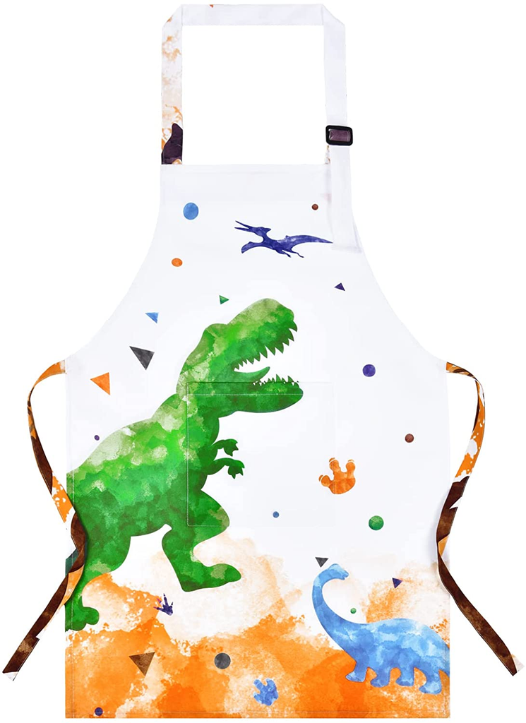 Dinosaur Kids Apron - Waterproof Polyester Aprons with Adjustable Strap and Pocket Kitchen Chef Bib Aprons for Boys Cooking Baking Painting Party Christmas Birthday Gifts (Extra Small,2-5 Years)